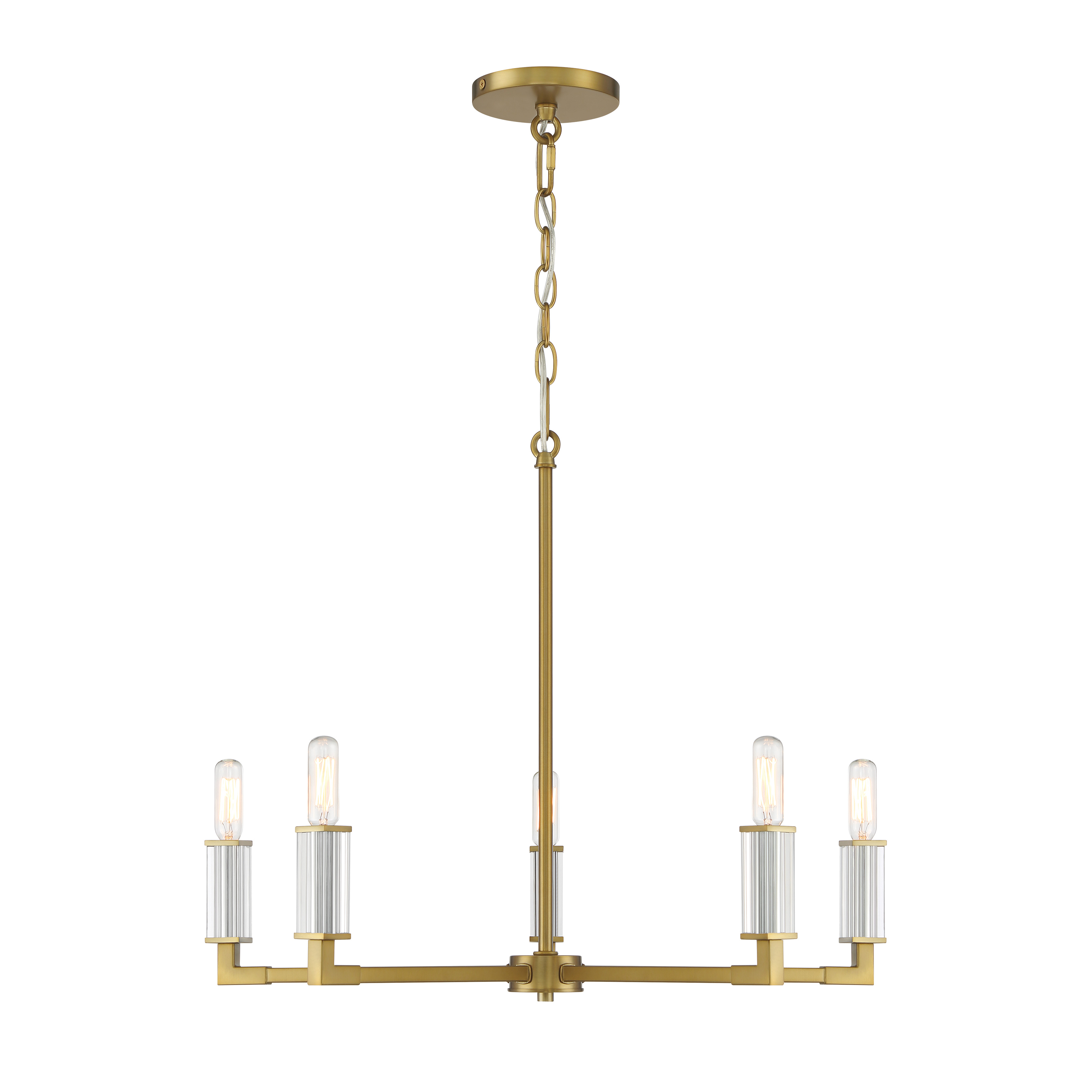 The Oro District chandelier combines contemporary design with warm metallic tones. Five candelabra lights paired with acrylic accents create a sophisticated focal point perfect for modern dining spaces and kitchen islands. - alternate view