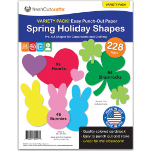 Punch Out Paper Cutouts, Spring Holiday Shapes, Valentine Hearts, Shamrocks & Easter Bunny, 228 Pieces