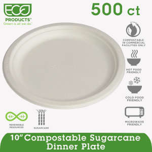 ECPEPP005, Eco-Products,Inc., Renewable and Compostable Sugarcane Plates, 10" dia, Natural White