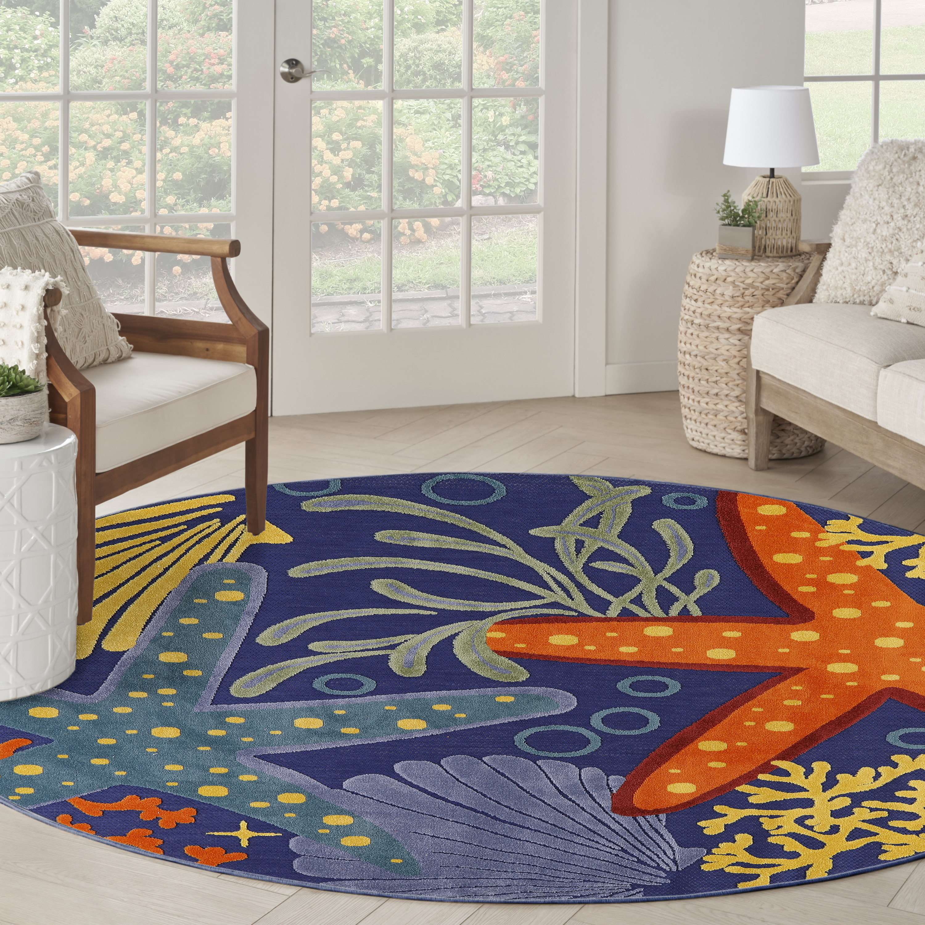 Nourison Aloha 5'3" x Round Navy Multicolor Outdoor Rug