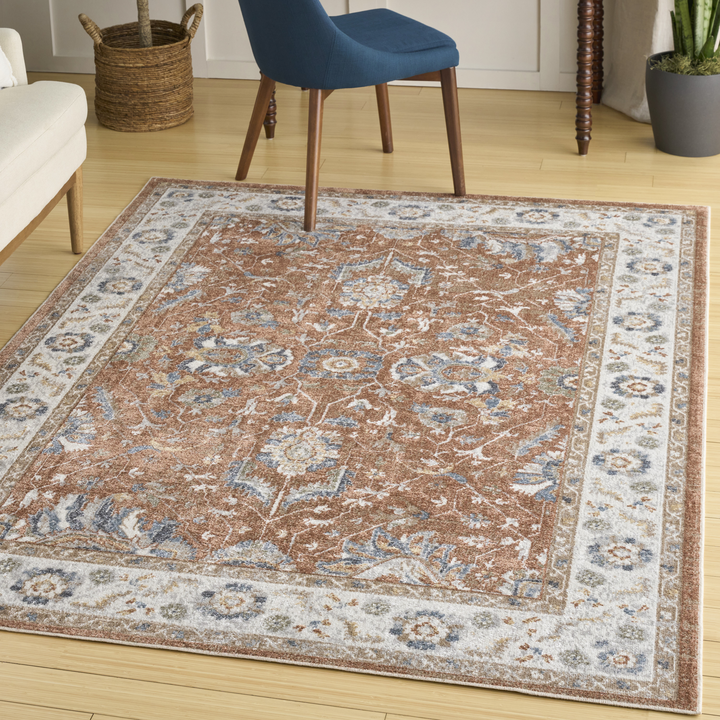 Nourison Astra Machine Washable 5'3" x 7' Rust Ivory Vintage Indoor Rug