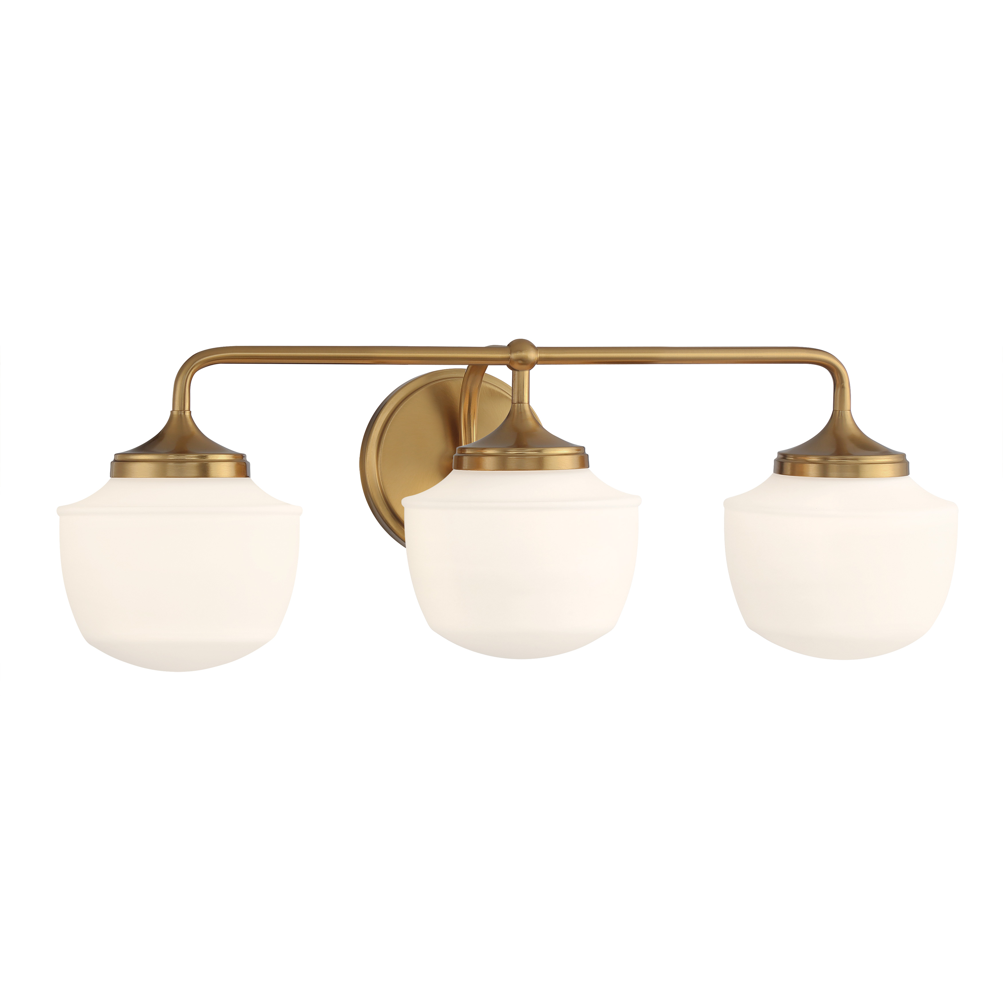 The Cornwell 3-Light Bath Vanity combines aged brass warmth with classic etched opal glass for a sophisticated bathroom lighting solution. Its reversible design offers installation flexibility while the 23-inch width suits most vanity sizes. - alternate view