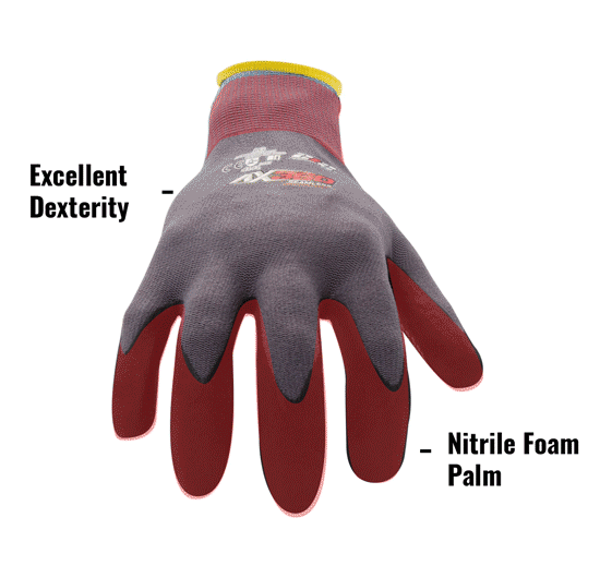 AX360 Dotted Grip Nitrile-dipped Work Gloves in Black and Gray AXDG-16 showing Excellent Dexterity and Nitrile Foam Palm