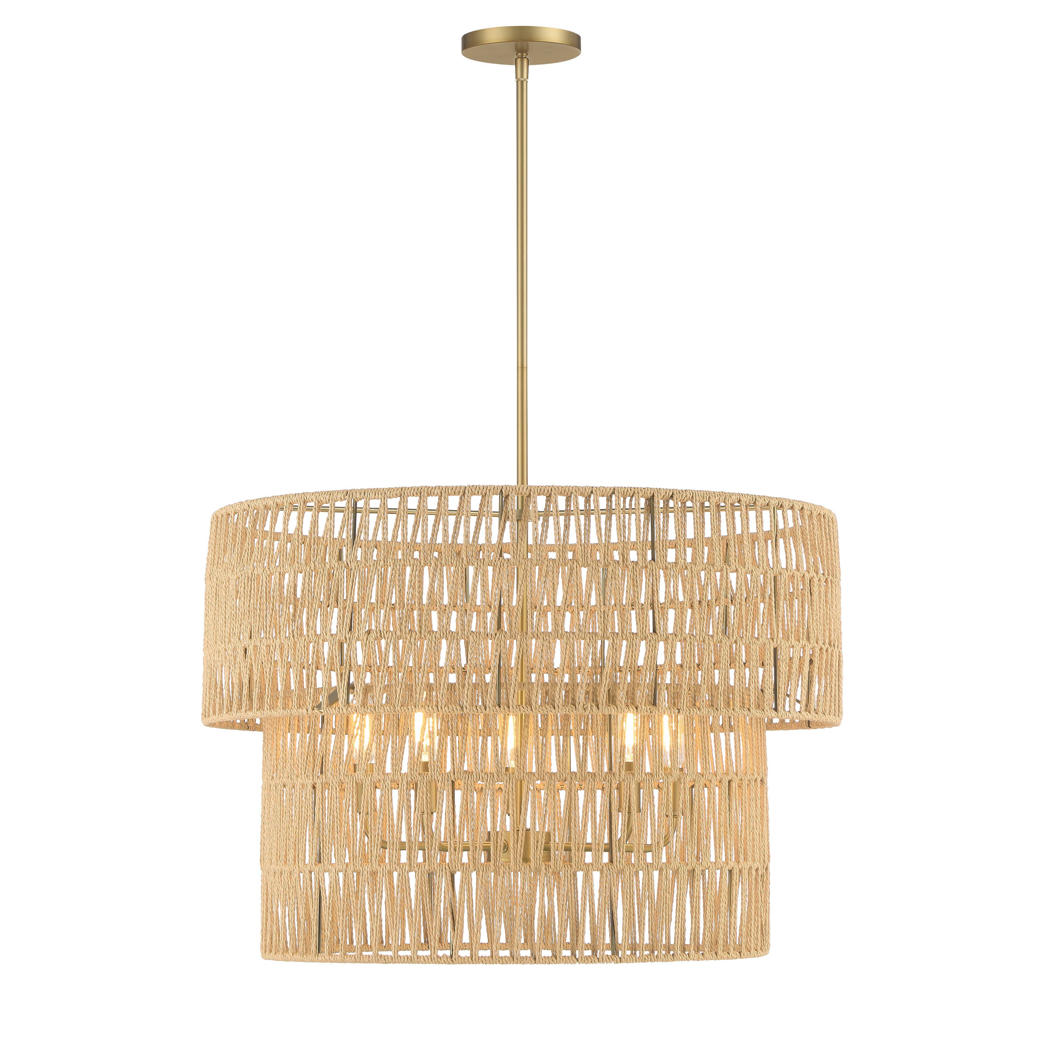The Bungalow Heaven pendant brings relaxed sophistication with its handwoven papyrus rope shade and soft brass finish. Five candelabra bulbs provide ample illumination while the natural materials create warm, inviting ambiance perfect for casual dining spaces. - alternate view