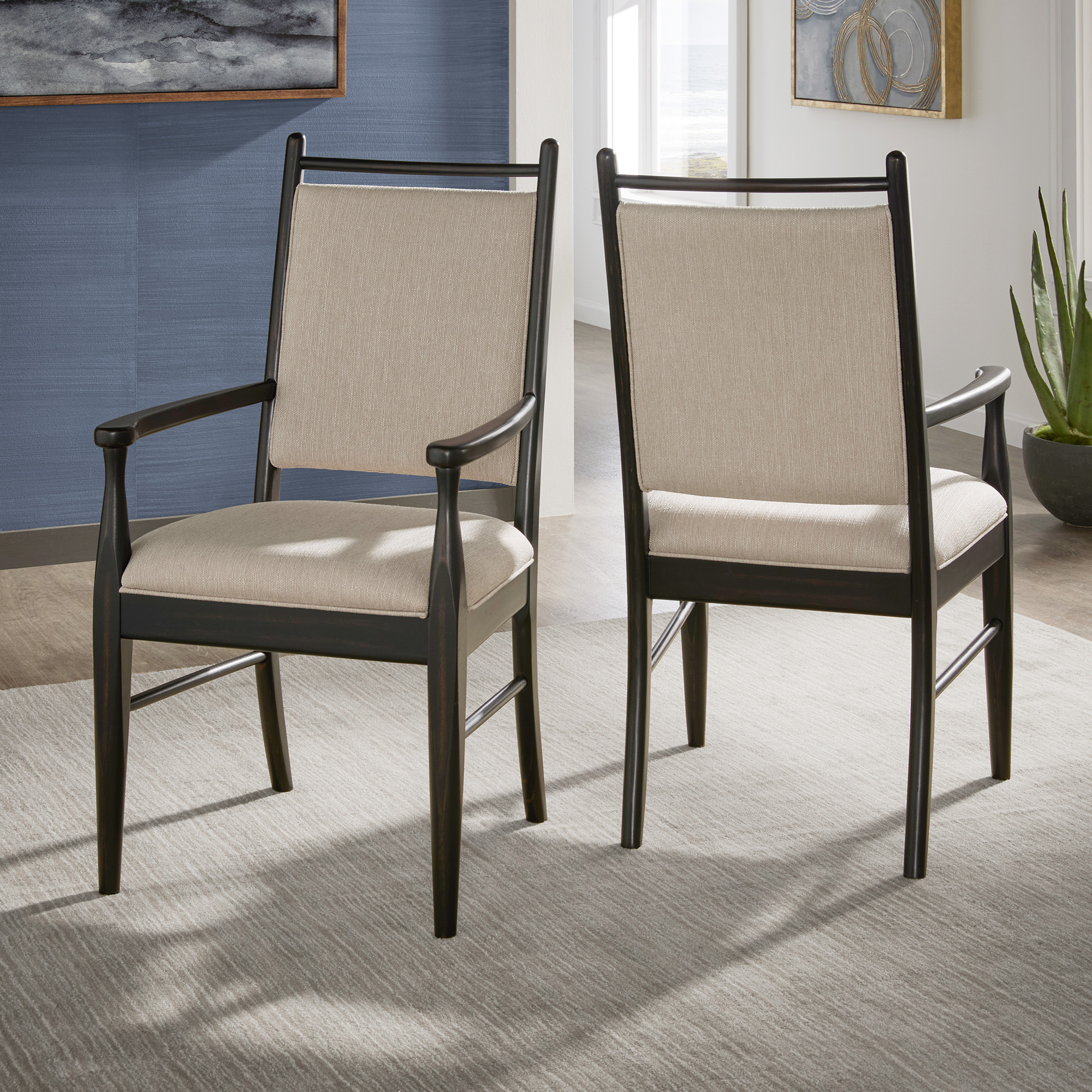 Wood Finish Beige Fabric Arm Chair (Set of 2)