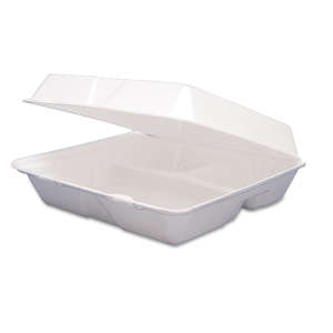 Dart, Foam Hinged Lid Containers, 3-Compartment, 9.25" x 9.5" x 3", White