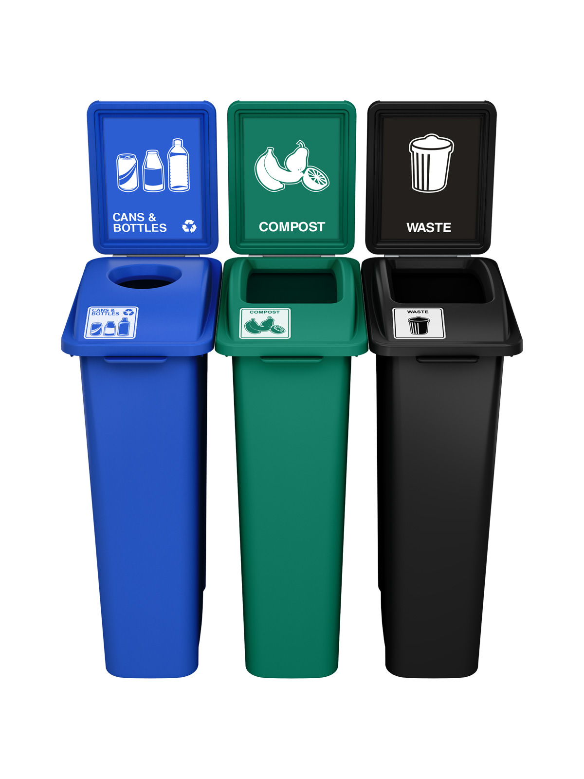 WASTE WATCHER – Triple – Kit – Cans & Bottles-Compost-Waste – Circle-Full – Blue-Green-Black