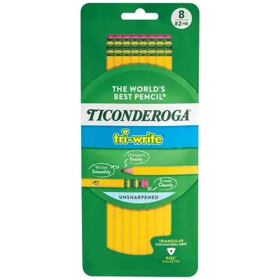 Ticonderoga Tri-Write Wood-Cased Pencils, #2HB Soft, With Erasers, Yellow, 8 Count