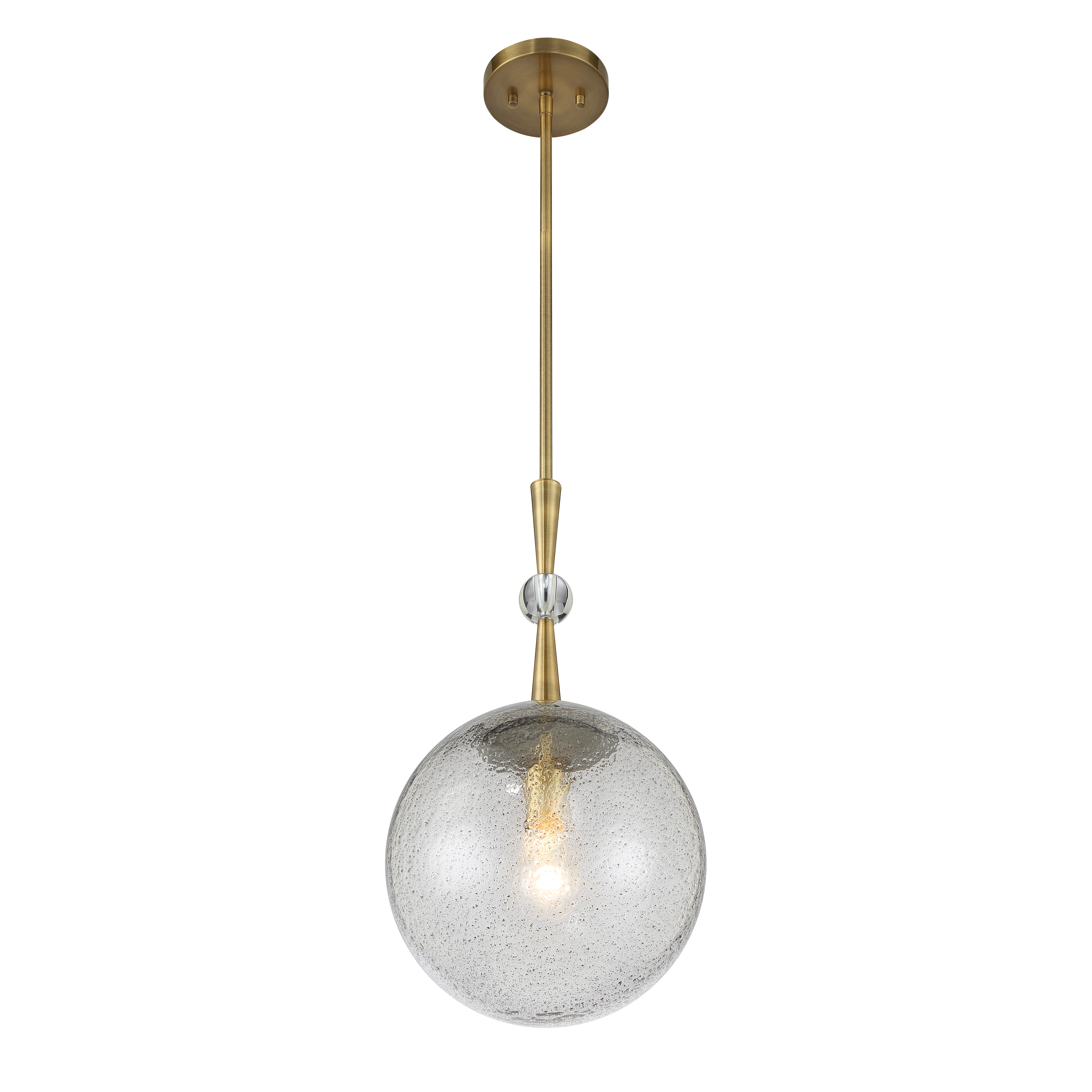 The Populuxe mini pendant combines industrial-modern aesthetics with artisanal craftsmanship. Its unique volcanic glass shade paired with oxidized aged brass creates dramatic visual interest while providing focused task lighting. - alternate view