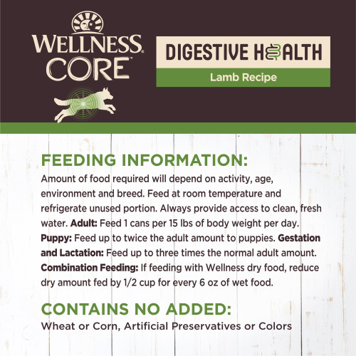 Amount of food required will depend on activity, age, environment and breed. Feed at room temperature and refrigerate unused portion. Always provide access to clean, fresh water.									
Adult: Feed 1 can per 15 lbs of body weight per day.
Puppy: Feed up to twice the adult amount to puppies.
Gestation and Lactation: Feed up to three times the normal adult amount.									
Combination Feeding: If feeding with Wellness dry food, reduce dry amount fed by 1/2 cup for every 6 oz of wet food.