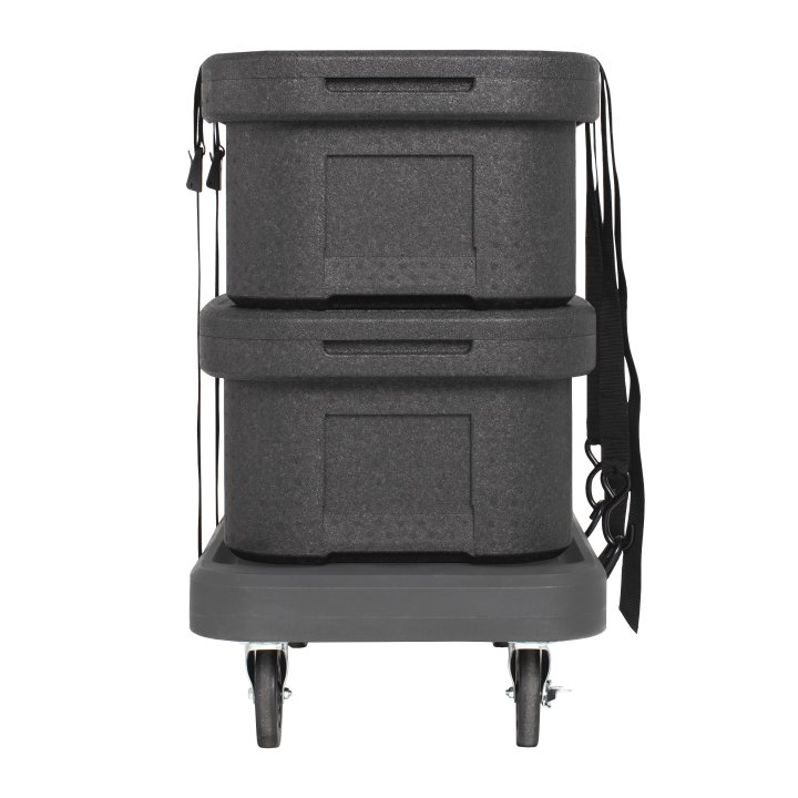 Flatbed utility dolly in dark gray with 5” casters and straps
