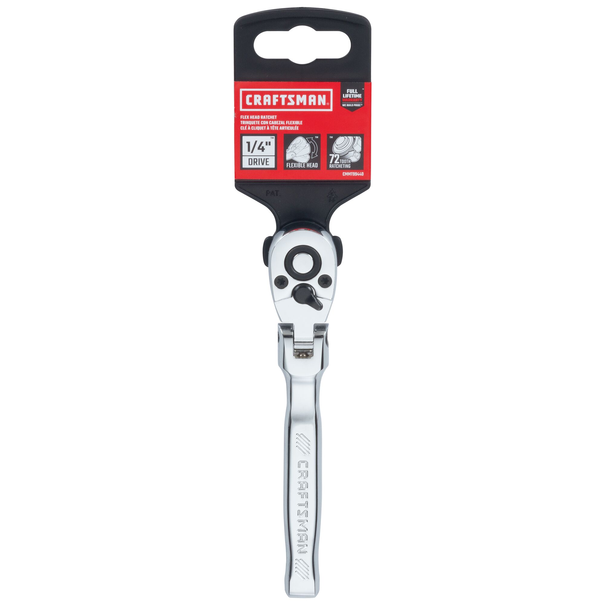 Quarter inch drive flex head ratchet with packaging tag.