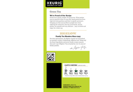 Ingredient panel of Bigelow Green Tea K-Cups box for Keurig