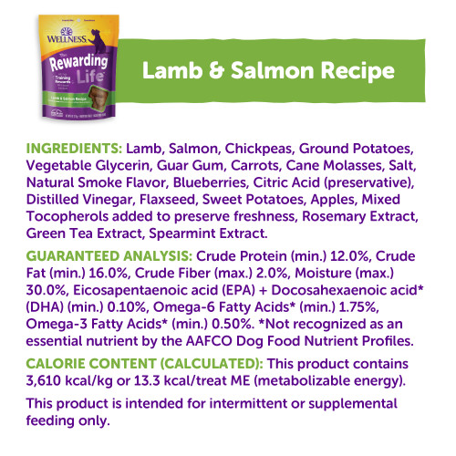 <p>Lamb, Salmon, Chickpeas, Ground Potatoes, Vegetable Glycerin, Guar Gum, Carrots, Cane Molasses, Salt, Natural Smoke Flavor, Blueberries, Citric Acid (preservative), Distilled Vinegar, Flaxseed, Sweet Potatoes, Apples, Mixed Tocopherols added to preserve freshness, Rosemary Extract, Green Tea Extract, Spearmint Extract. </p>

