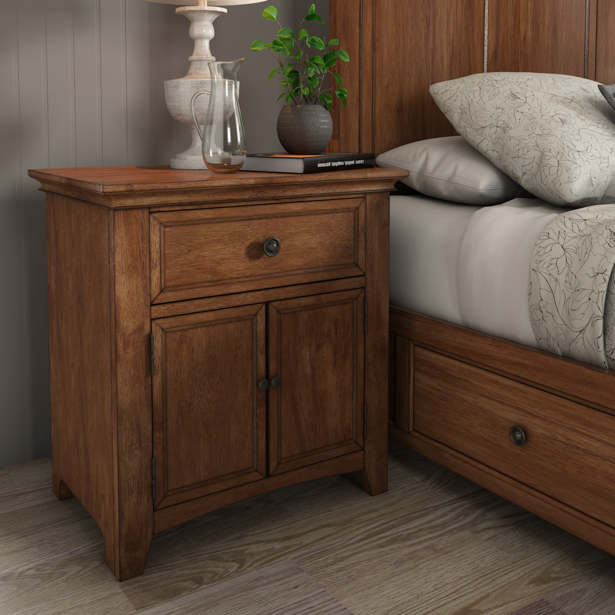 1-Drawer Wood Cupboard Nightstand with Charging Station