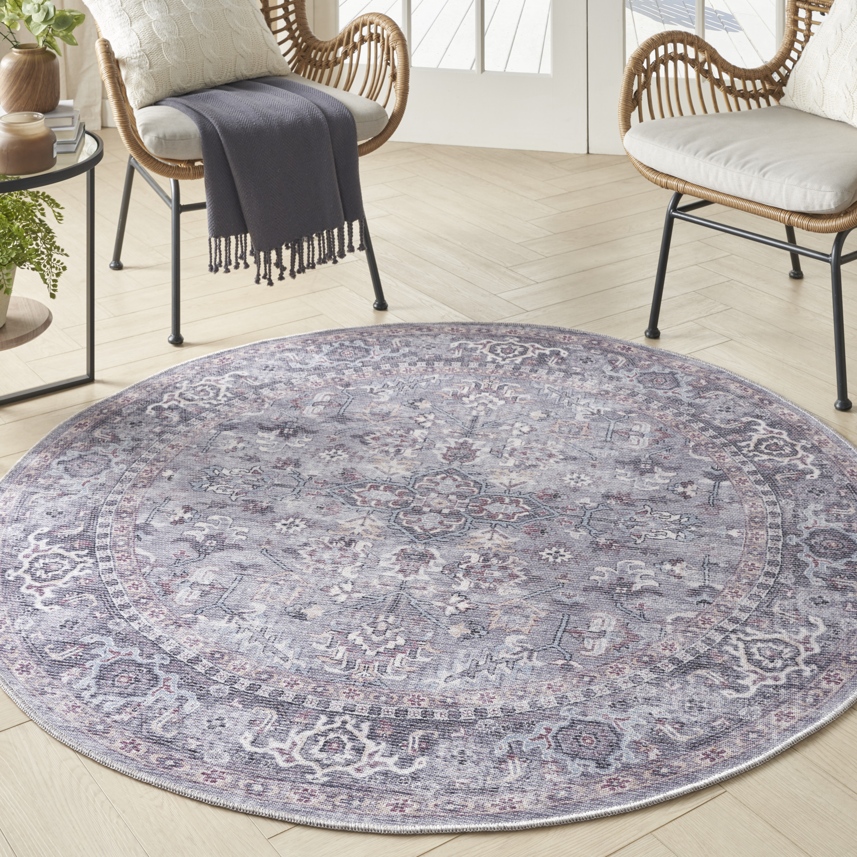Nourison New Concept Washables 5'3" x Round Grey Vintage Indoor Rug