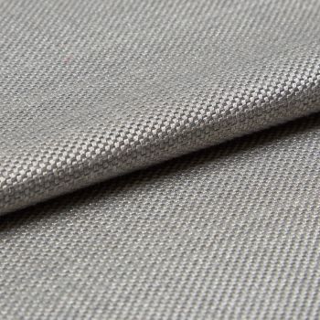 Close-up of woven silver‑grey fabric (tight basket weave) folded over itself; the fold creates a horizontal overlap, lit evenly to emphasize fine texture and subtle metallic sheen in a neutral setting.