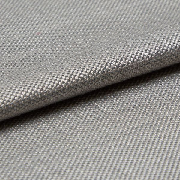 Close-up of woven silver‑grey fabric (tight basket weave) folded over itself; the fold creates a horizontal overlap, lit evenly to emphasize fine texture and subtle metallic sheen in a neutral setting.