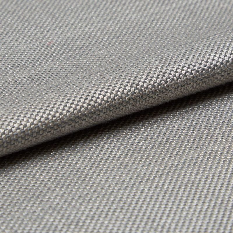 Close-up of woven silverâ€‘grey fabric (tight basket weave) folded over itself; the fold creates a horizontal overlap, lit evenly to emphasize fine texture and subtle metallic sheen in a neutral setting.