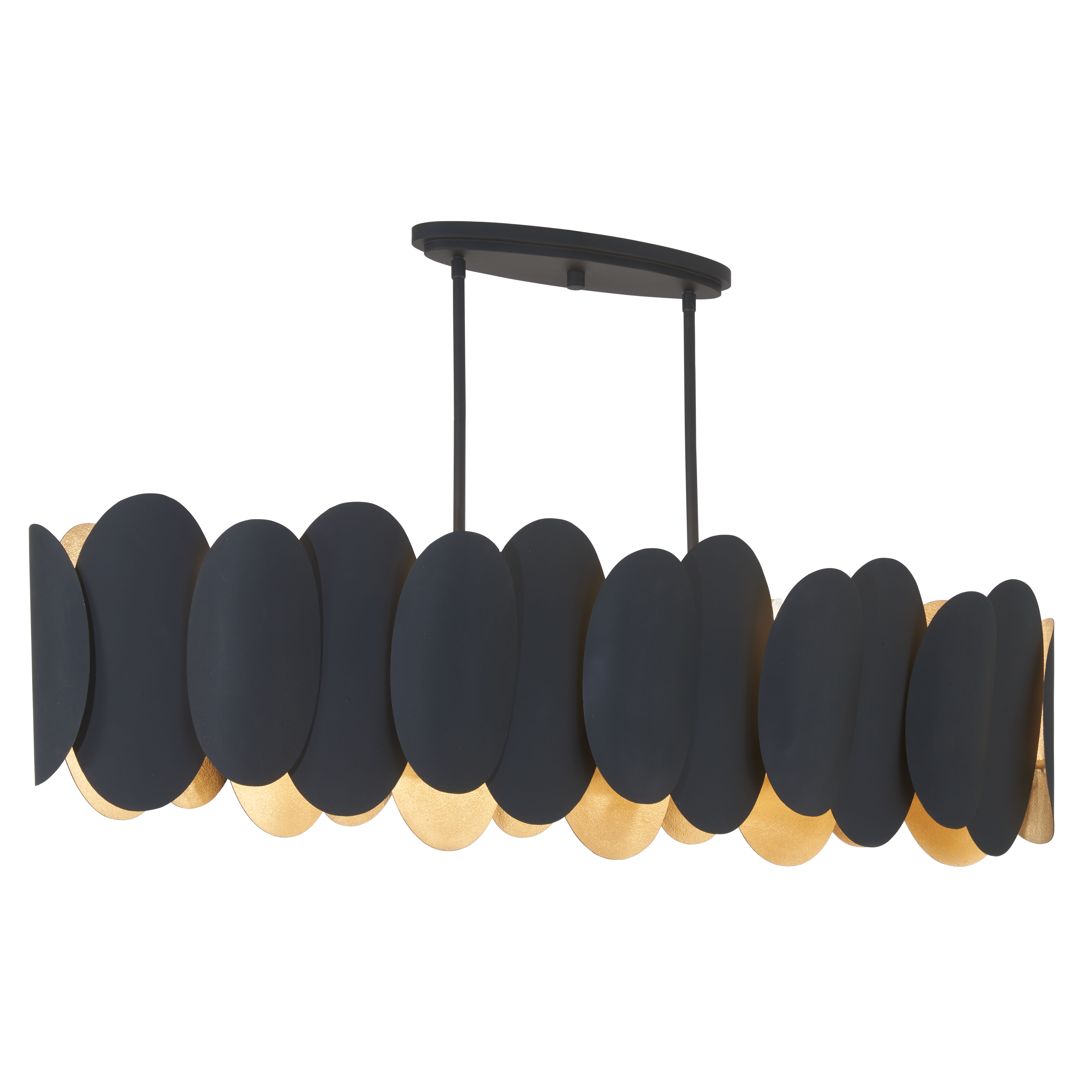 The Vailen 48" island chandelier commands attention with its dramatic 10-light linear design and sophisticated dark matte black and textured gold finish. Perfect for modern kitchens and dining spaces seeking industrial elegance. - alternate view
