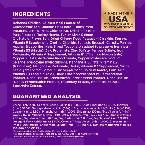 <p>Deboned Chicken, Chicken Meal (source of Glucosamine and Chondroitin Sulfate), Turkey Meal, Potatoes, Lentils, Peas, Chicken Fat, Dried Plain Beet Pulp, Flaxseed, Turkey Liver, Turkey Hearts, Salmon Oil, Natural Flavor, Salt, Dried Chicory Root, Potassium Chloride, Taurine, Vitamin E Supplement, Choline Chloride, Spinach, Broccoli, Carrots, Parsley, Apples, Blueberries, Kale, Mixed Tocopherols added to preserve freshness, Vitamin B3 (Niacin), Zinc Proteinate, Zinc Sulfate, Ferrous Sulfate, Iron Proteinate, Vitamin A Supplement, Vitamin B1 (Thiamine Mononitrate), Copper Sulfate, d-Calcium Pantothenate, Copper Proteinate, Sodium Selenite, Pyridoxine Hydrochloride, Manganese Sulfate, Vitamin B2 (Riboflavin), Manganese Proteinate, Biotin, Vitamin D3 Supplement, Yucca Schidigera Extract, Vitamin B12 Supplement, Calcium Iodate, Folic Acid, Vitamin C (Ascorbic Acid), Dried Enterococcus faecium Fermentation Product, Dried Bacillus licheniformis Fermentation Product, Dried Bacillus subtilis Fermentation Product, Rosemary Extract, Green Tea Extract, Spearmint Extract.</p>
