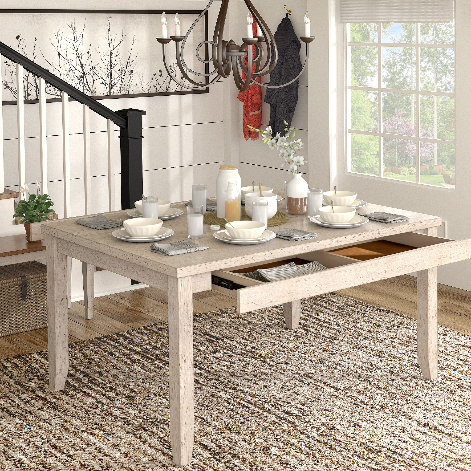 Solid Wood Rectangular Dining Table with Two Drawers