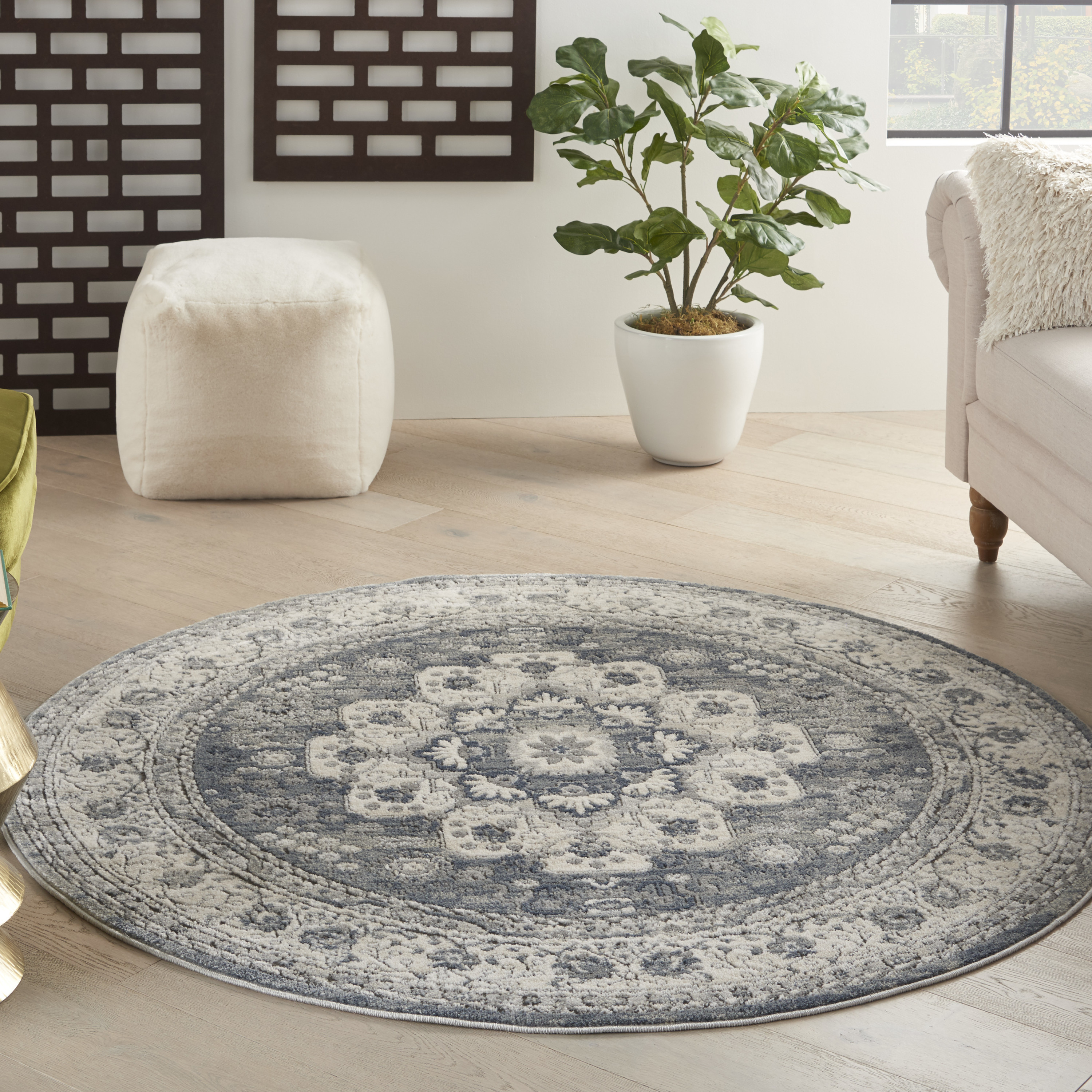 Nourison Quarry 5'3" x Round Grey Ivory Vintage Indoor Rug