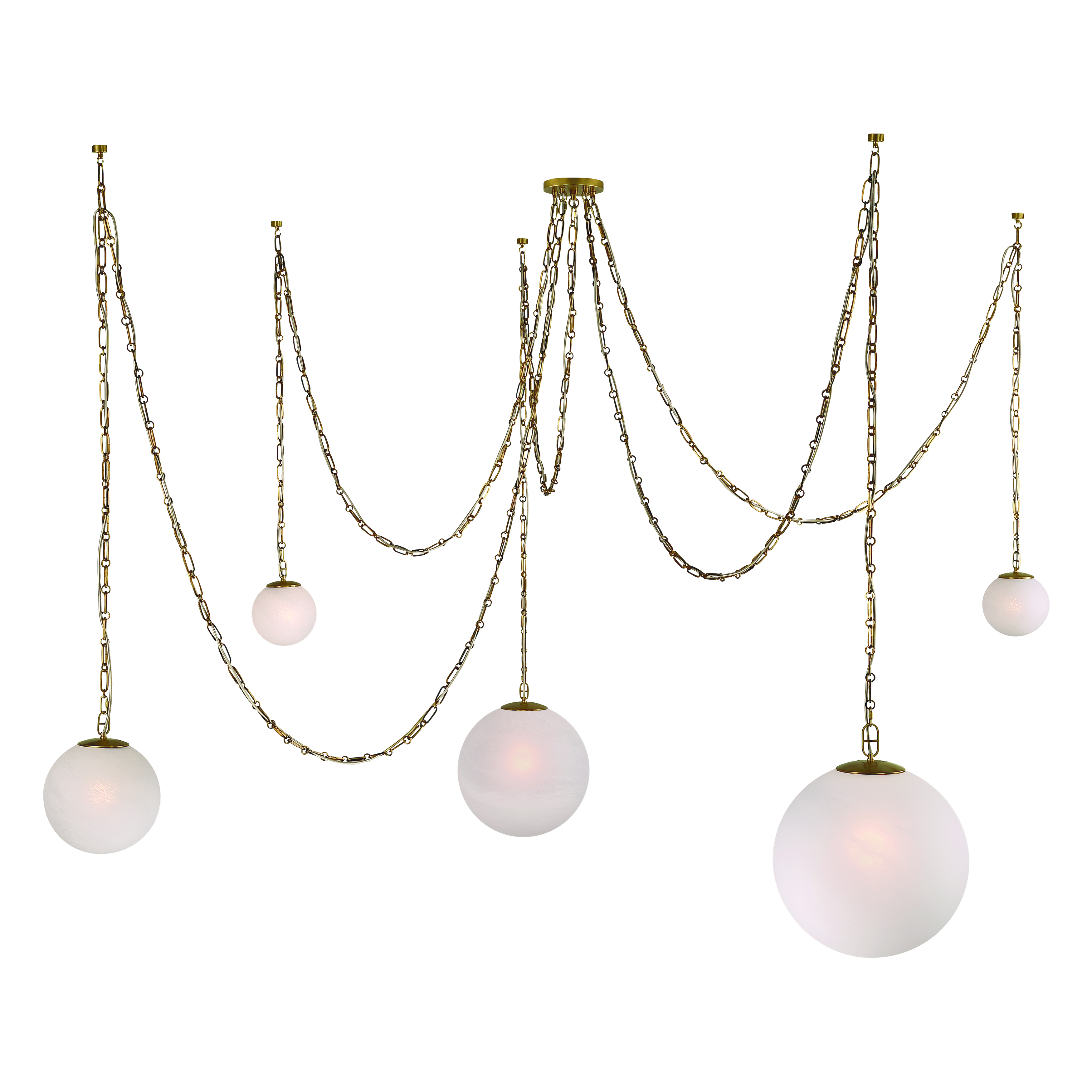 The Marbelle 84.5" pendant makes a dramatic statement with its impressive length and elegant Legacy Brass finish. Five etched alabaster glass shades provide warm, diffused light ideal for large dining tables and kitchen islands. - alternate view