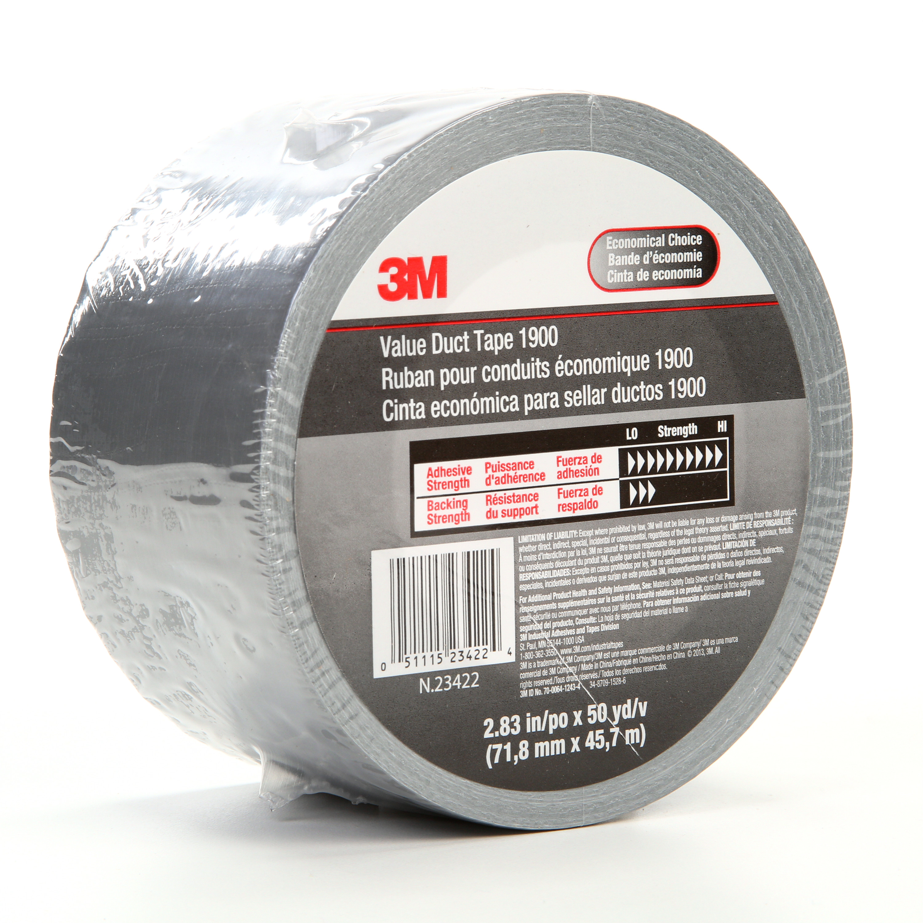 3M™ Value Duct Tape 1900, Silver, 2.83 in x 50 yd, 5.8 mil, 12 per case,
Individually Wrapped Conveniently Packaged