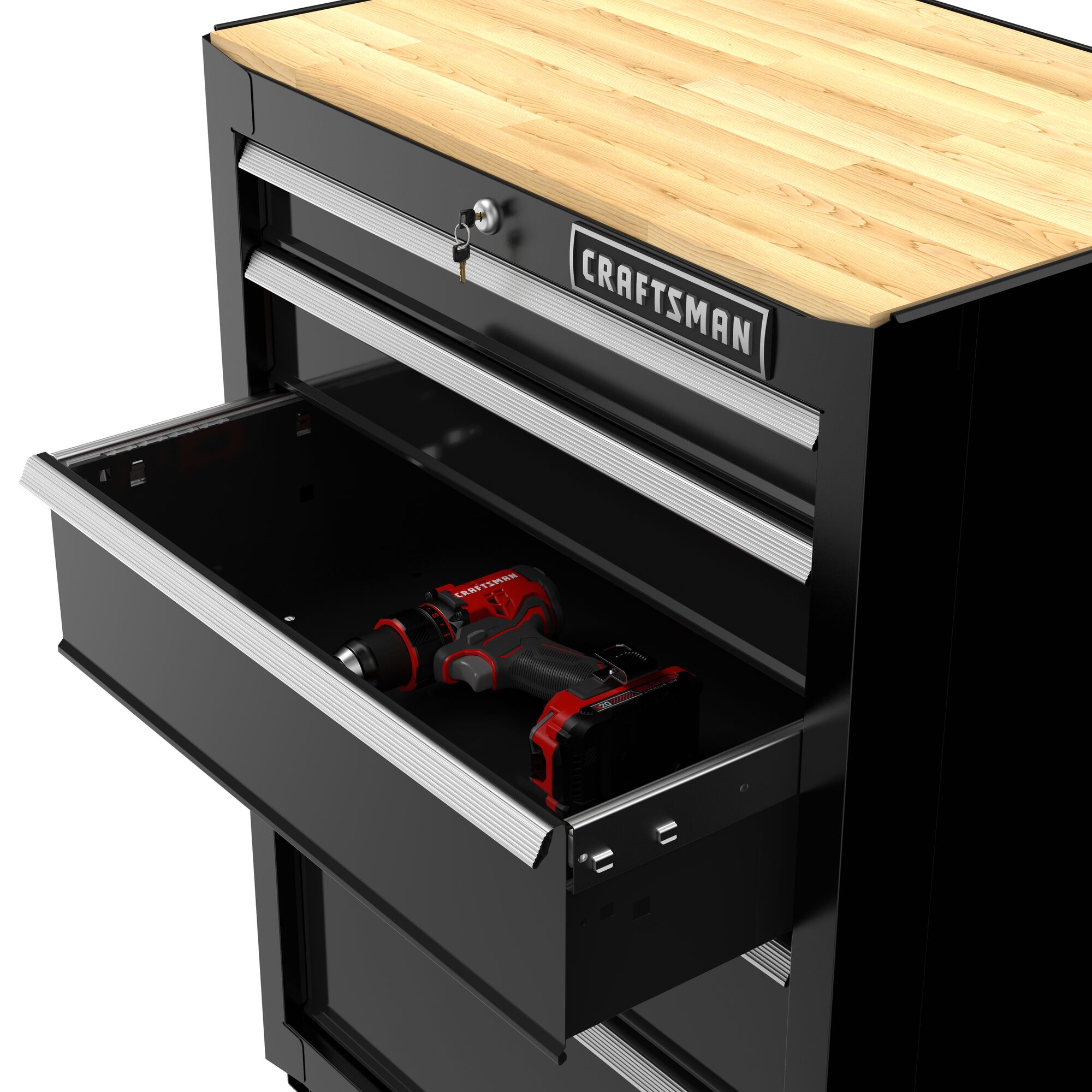 CRAFTSMAN 26.5-in wide 5-drawer base cabinet angled view with drawer open and tool inside
