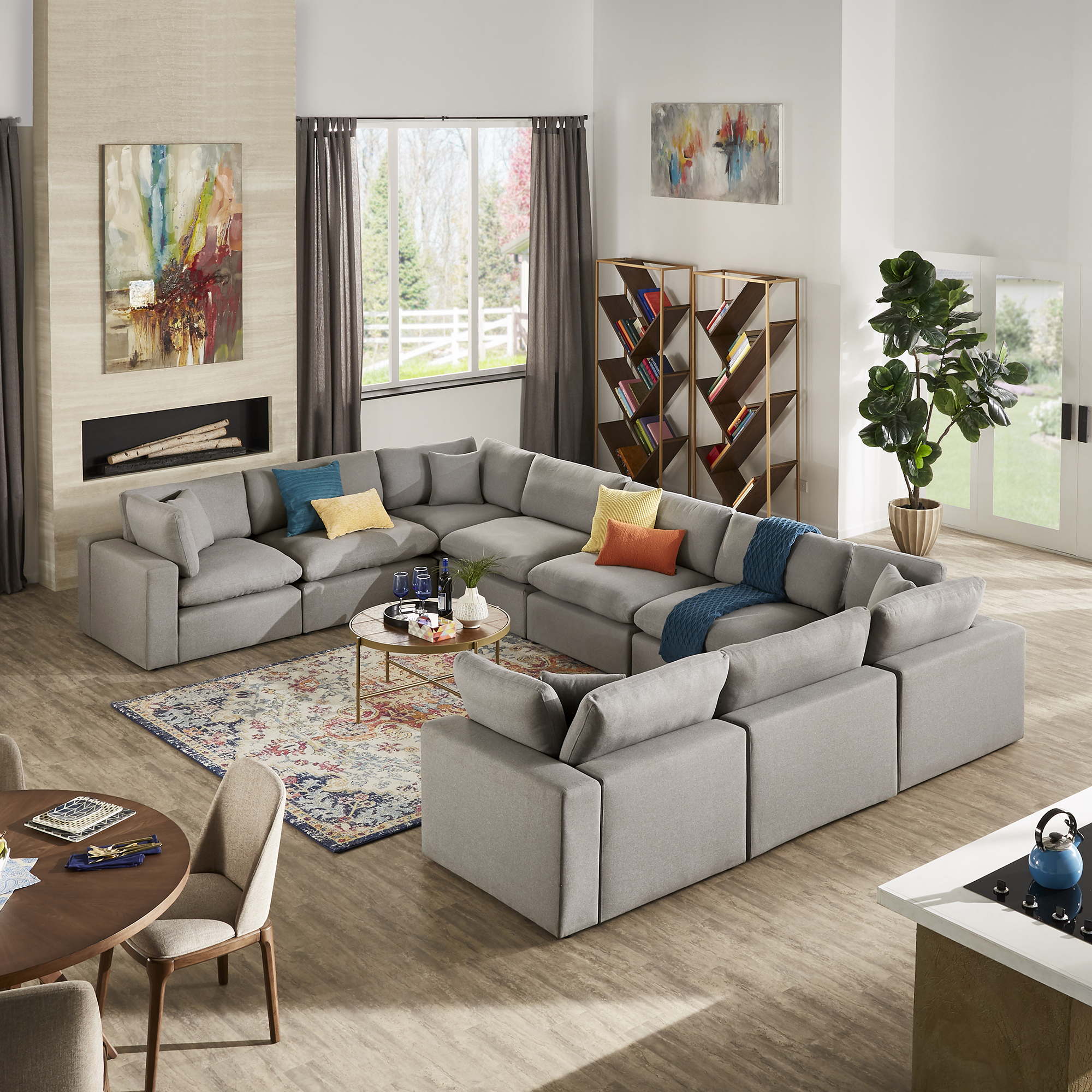 Grey Linen Weave Down Blend 9-Seat Modular Sectional Sofa