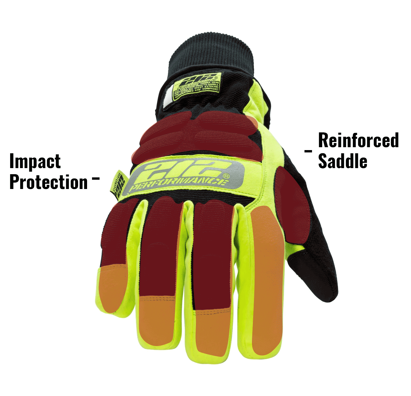 Waterproof Fleece Lined Impact Protective Tundra Winter Work Gloves in Black and Hi-Viz Yellow TUNHWP showing Impact Protection and Reinforced Saddle