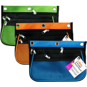 3 Pocket Pencil Pouch, Expanding to 2.25", 10.25"W x 7.25"H x 2.5"D - Assorted Colors, Pack of 3