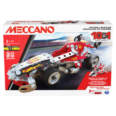 Meccano, 10-in-1 Racing Vehicles STEM Model Building Kit with 225 Parts and Real Tools, Kids Toys for Ages 8 and up