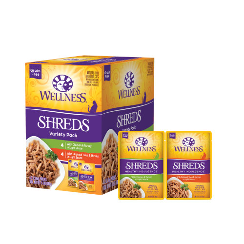 Wellness Complete Health Healthy Indulgence Variety Pack Shreds Chicken & Turkey, Tuna & Shrimp Variety Pack Front packaging