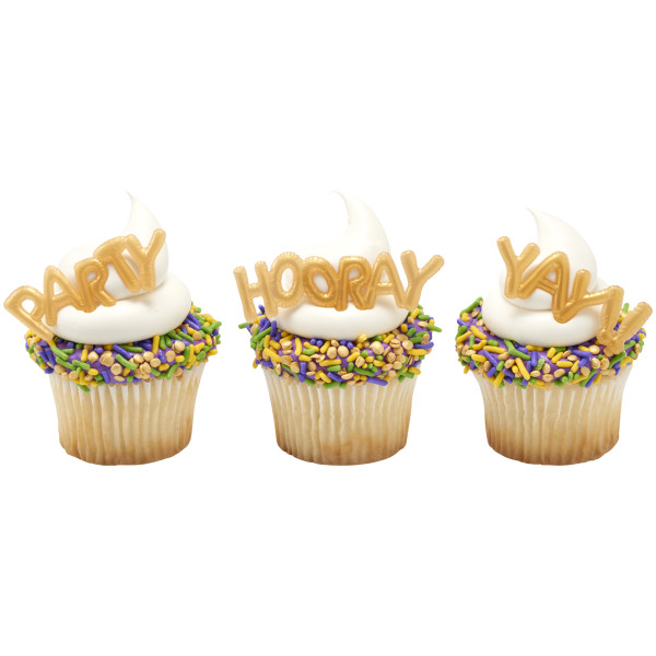 Mini Gold Balloon Words Cupcake Layon