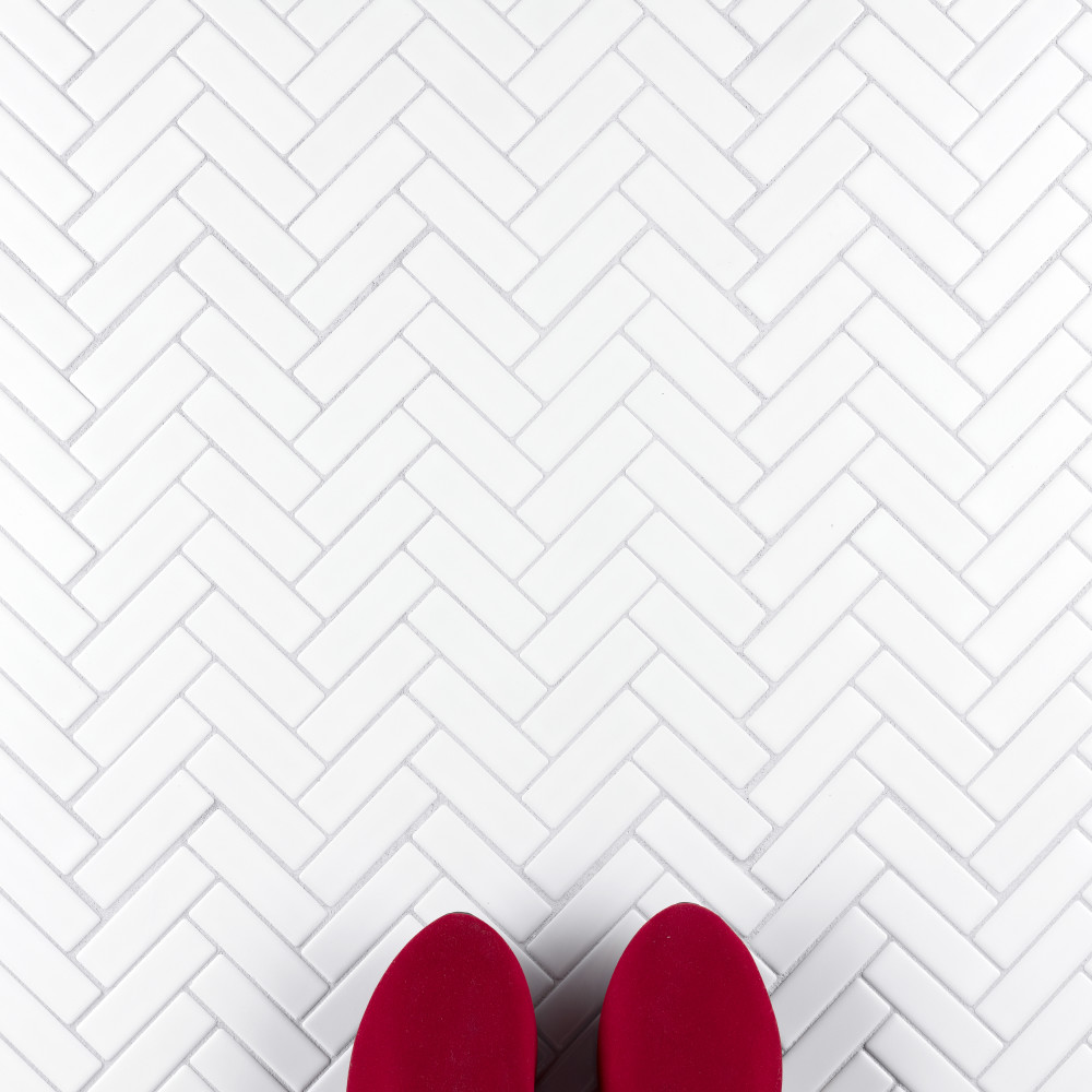 Metro Brick Herringbone Glossy White 10-5/8 in. x 12-1/2 in. Porcelain Mosaic Tile