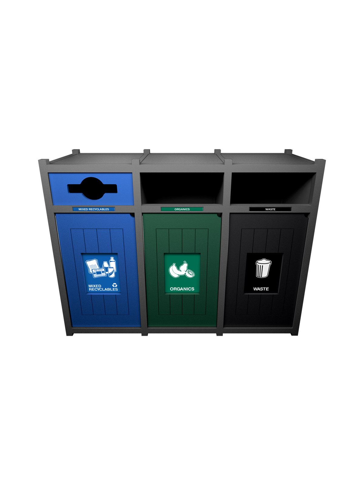 VISION – Triple – Unit – Mixed Recyclables-Organics-Waste – Mixed-Full-Full – Grey-Blue-Green-Black