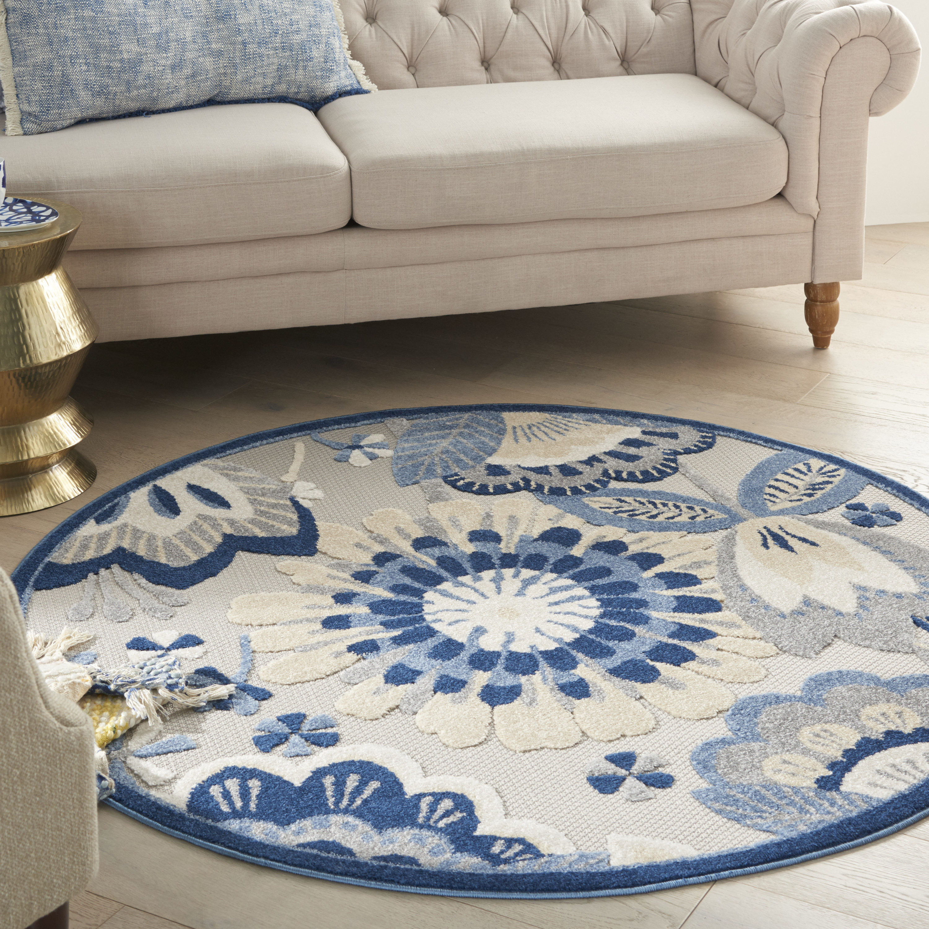 Nourison Aloha 5'3" x Round Blue Grey Contemporary Rug