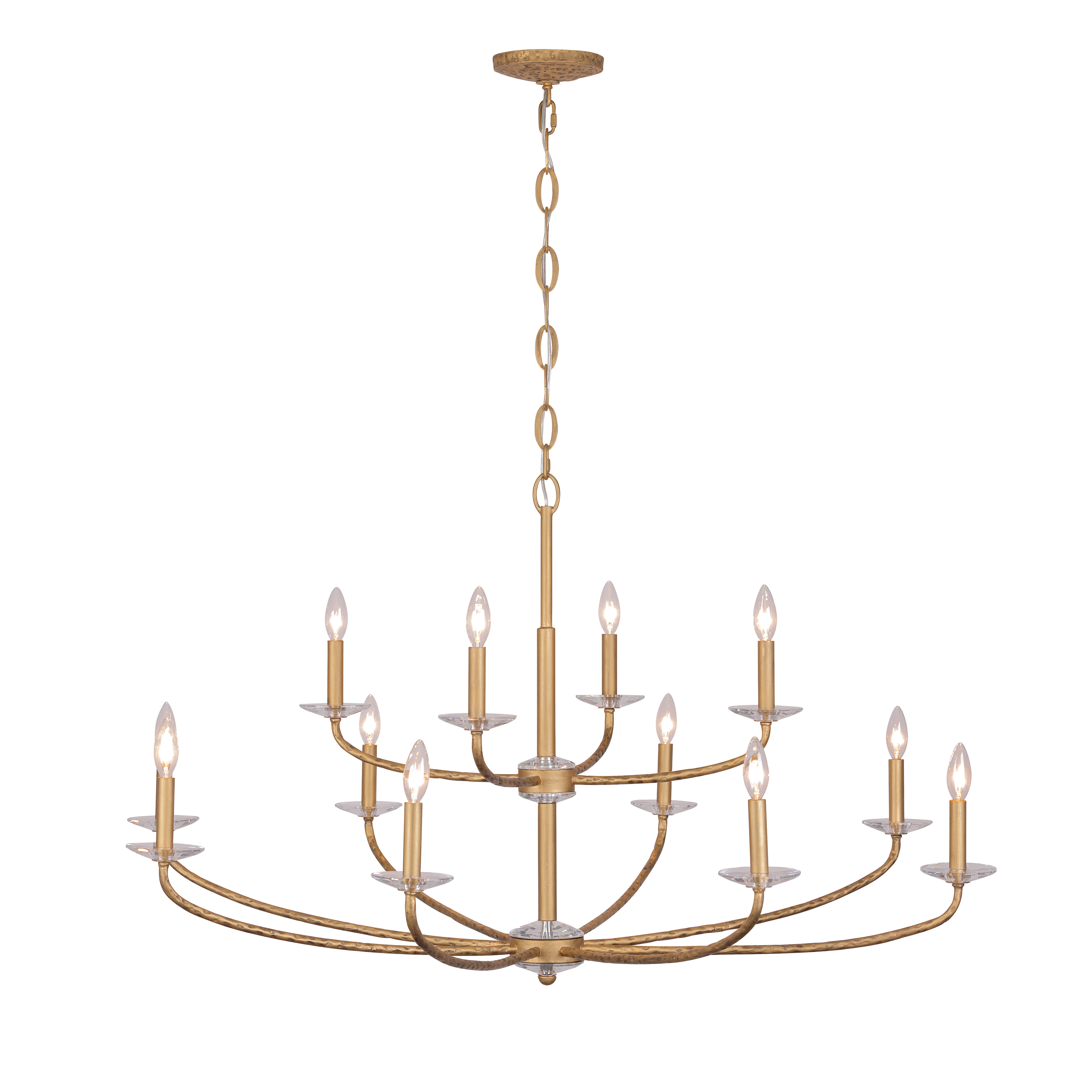 The Atella 12-light chandelier makes a stunning statement with its 48-inch span and elegant Ashen Gold finish. Hammered arms and faceted crystal bobeches create sophisticated light play, while the generous 72-inch chain allows flexible installation in high-ceiling spaces. - alternate view