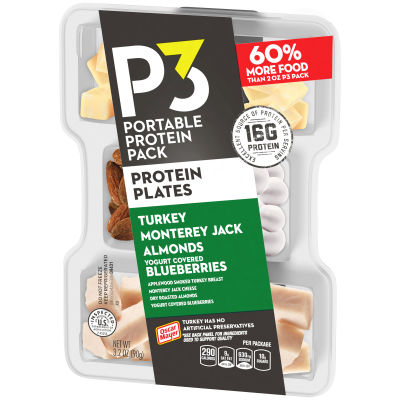 P3 Portable Protein Plate w/ Turkey, Almonds, Jack Cheese & Yogurt Covered Blueberries, 3.2 oz Tray