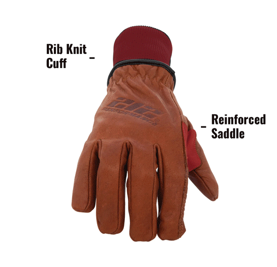 Waterproof Fleece Lined Buffalo Leather Driver Winter Work Glove with Rib Knit Cuff in Russet Brown TKLD showing Rib Knit Cuff and Reinforced Saddle