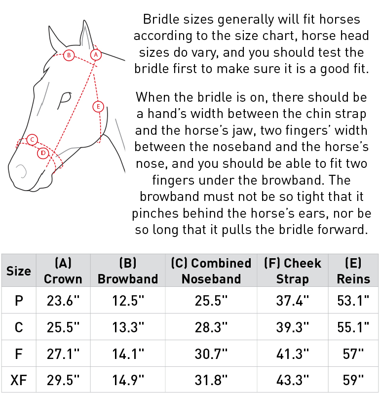 Size chart for Horze Venice Soft Padded Bridle w/ Reins - Dark Brown
