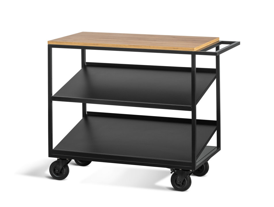 Three-level service trolley with wooden top and double inclined shelf