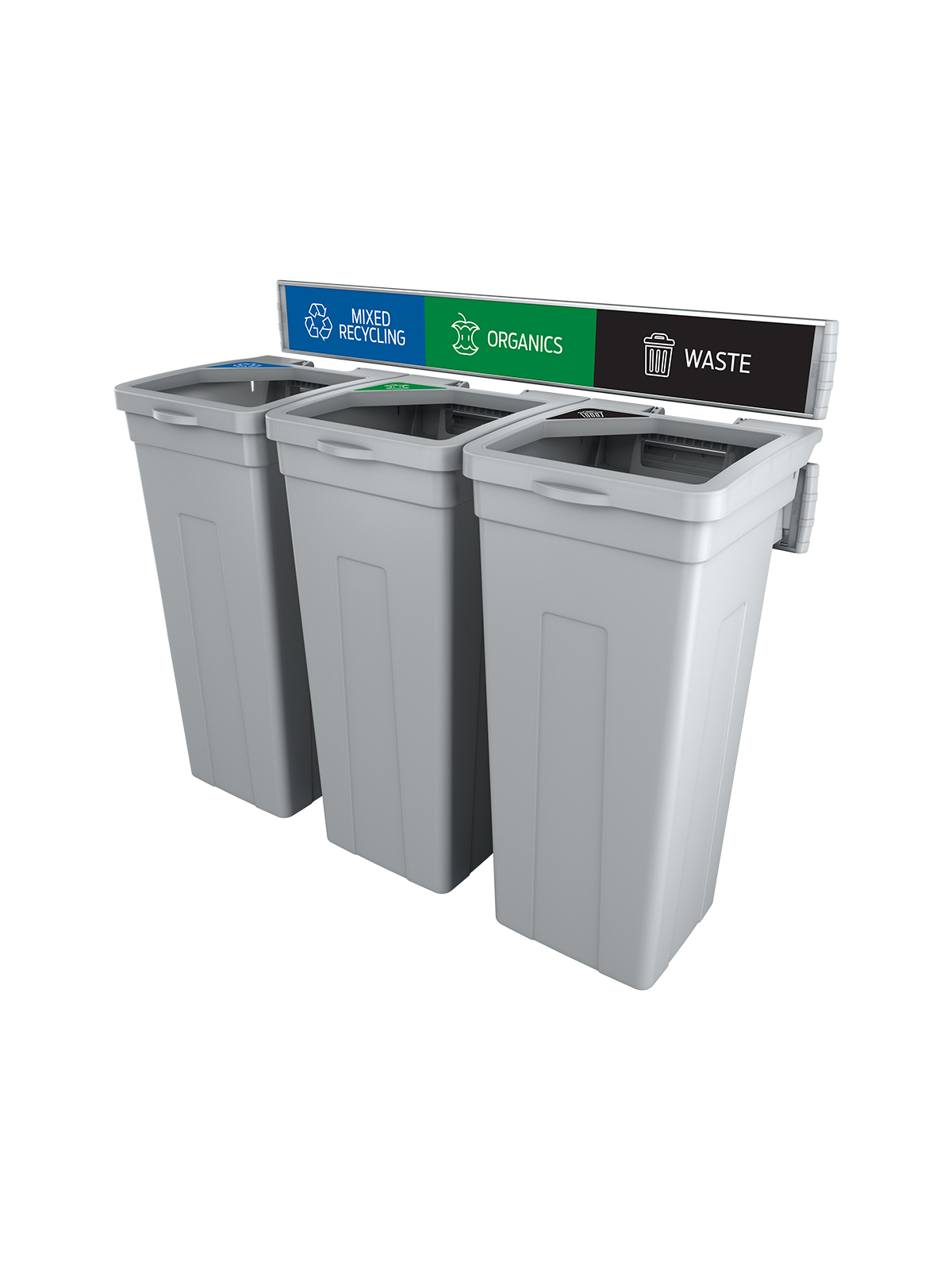 Busch Systems Rise Series Grey triple body with lid sign frame and mixed recycling organics and waste signs and labels