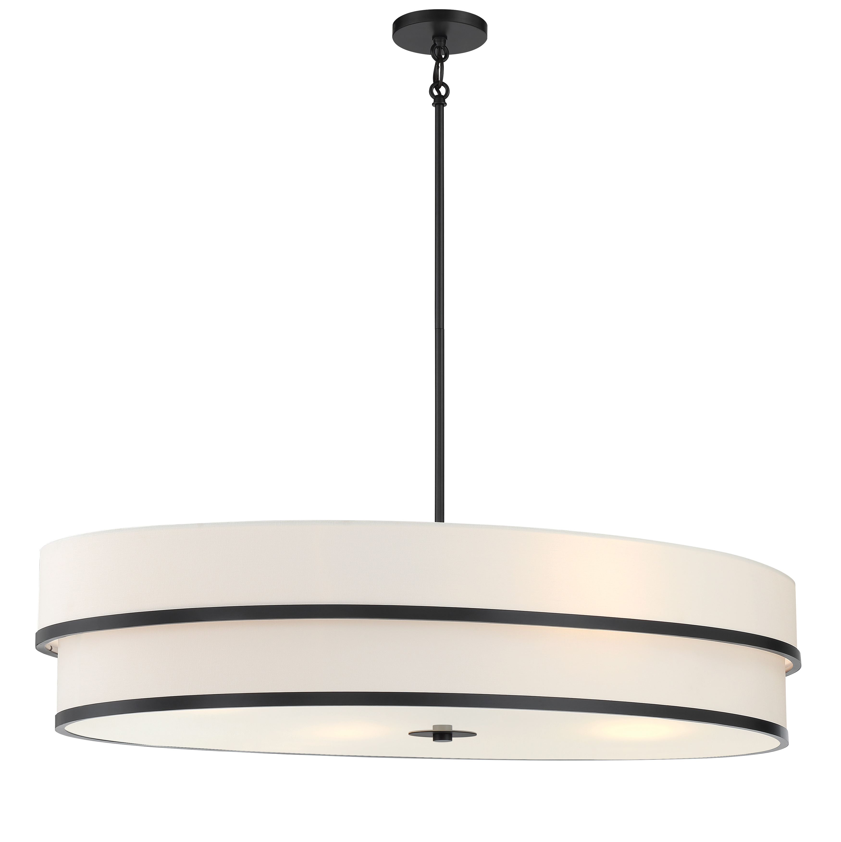 The Cascade 4-Light Pendant combines clean modern lines with warm linen shades, creating a sophisticated focal point. Its 42-inch linear design and coal black finish make it perfect for kitchen islands and dining tables. - alternate view