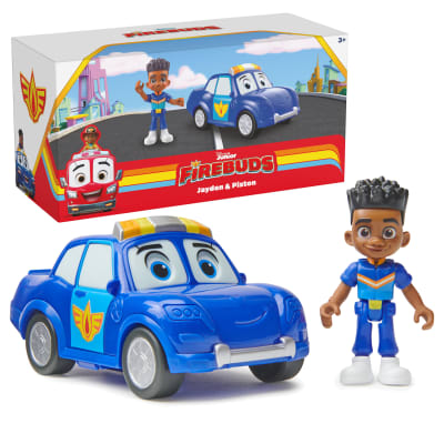 Disney Junior Firebuds, Jayden et Piston, figurine articulée et véhicule de police avec mouvement des yeux interactif, jouets pour filles et garçons à partir de 3 ans