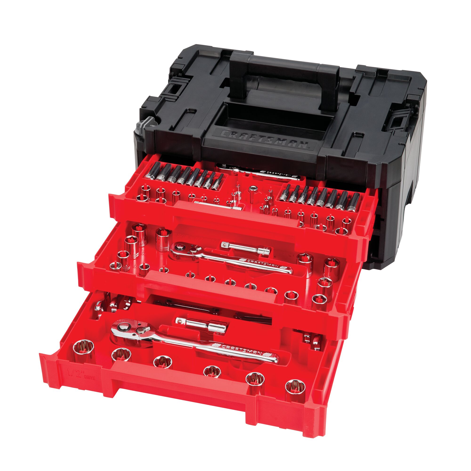Layout of the contents of the CRAFTSMAN VERSASTACK 230 piece 3-Drawer Mechanic Tool Set.