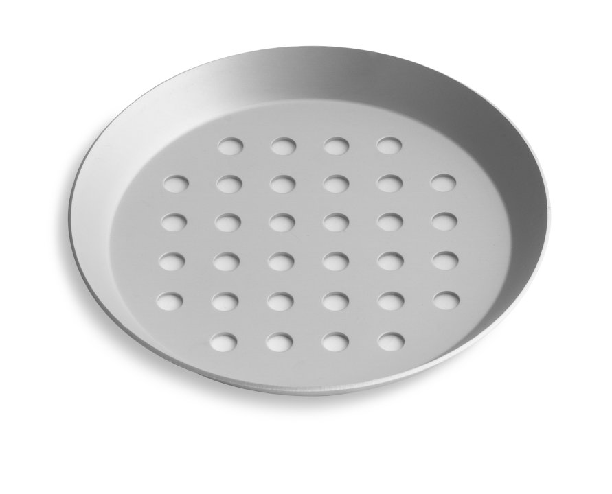 11-inch perforated press-cut pizza pan with Clear Coat anodized finish