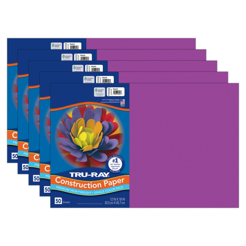 Construction Paper, Heavyweight, Magenta, 12" x 18", 50 Sheets Per Pack, 5 Packs